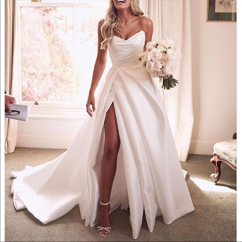 A-Line Wedding Dress Sweetheart Neckline White Satin Slit Train